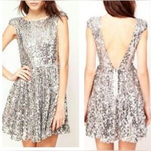 Topshop Silver Sequin Backless Skater Dress